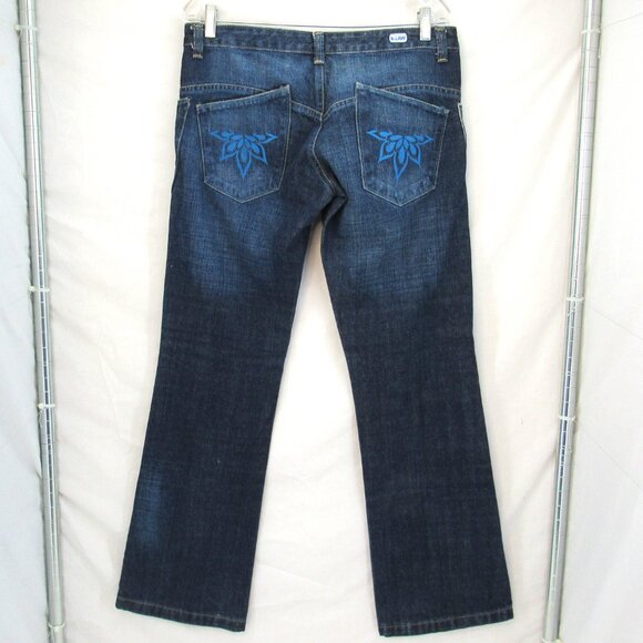 Basic Law Women's Button Fly Wide Leg Low Rise Embroidered Pocket Blue Jeans 8 - Picture 4 of 10